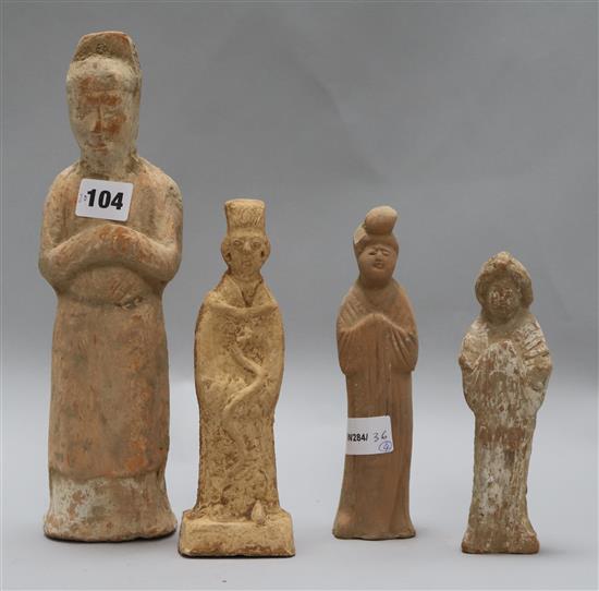 Four Chinese pottery figures of attendants, Tang dynasty or later, one with certificate